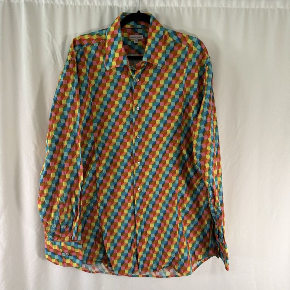 Coton Doux Dress Shirt Men 44/45 17.5 Rainbow Block Colors Long Sleeve Button Up
